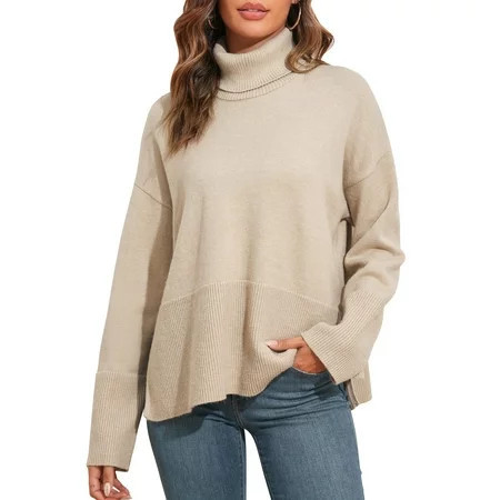 PrettyGuide Women s Oversized Turtleneck Sweaters Casual Long Sleeve Side Slit Knit Tunic Pullover Sweater Tops | Walmart (US)