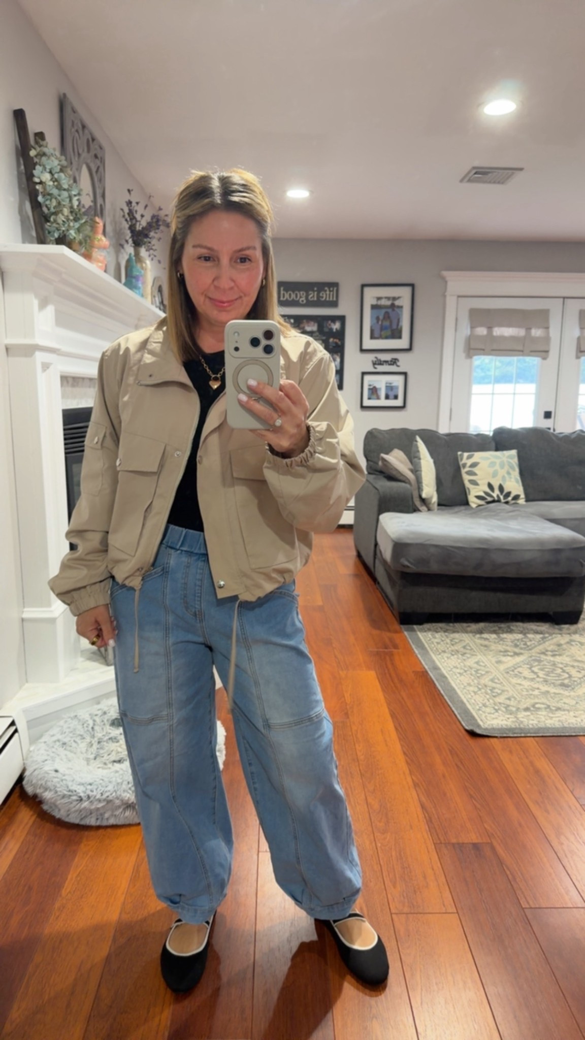 Spring outfits 2026! I’m wearing a medium in the elastic waist jeans, a large in the tea and a large in the jacket. I would size down to a medium in the jacket.

#LTKOver40 #LTKootd #LTKMidsize