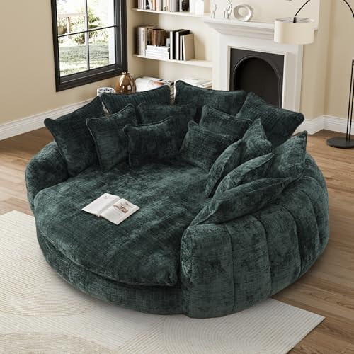 81” Oversized Upholstered Sofa Bed, Round Chaise Lounge Chair Indoor, Fluffy Plush Chaise Lounge, Modern Chenille Cloud Couch with Deep Seat, Comfy Bean Bag Chiar for Living Room Apartment, Green | Amazon (US)