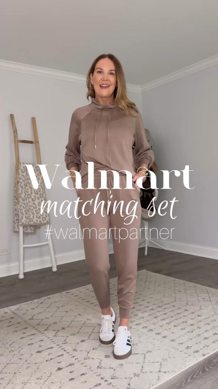 #walmartpartner This famous @walmartfashion set now comes in this gorgeous neutral color🤎Perfect for travel, lounging, errands and the pieces can be worn separately or together. I’m in a medium in the top and a small in the pants. 
#walmartfashion
Matching set, scuba kit, Walmart new arrivals, Walmart haul, Walmart outfit, travel outfit, mom ootd, errands outfit, what to wear, how to style, lounge set, casual outfit idea, timeless style, athleisure style