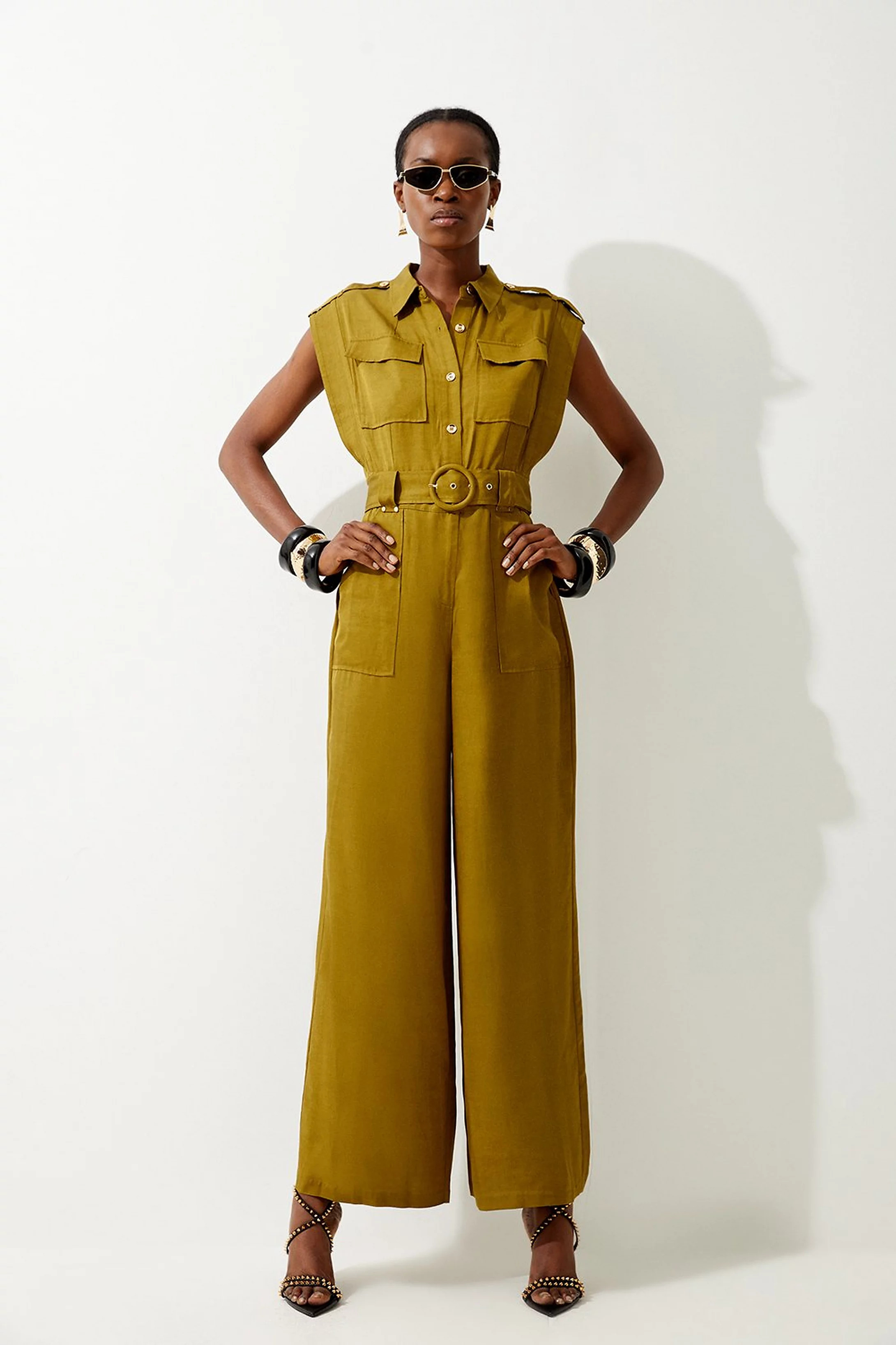 Tall Premium Linen Topstitch Belted Jumpsuit | Karen Millen UK + IE + DE + NL