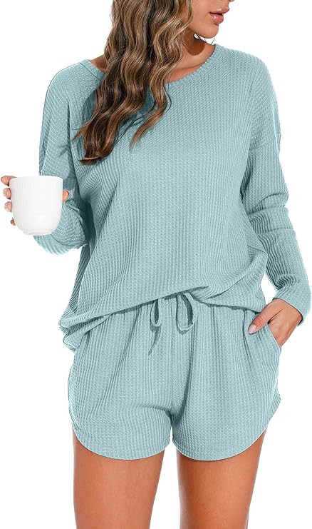 PrinStory Pajamas Set for Women Waffle Knit Lounge Set 2 Piece Outfits Loungewear Sweatsuit with ... | Amazon (US)