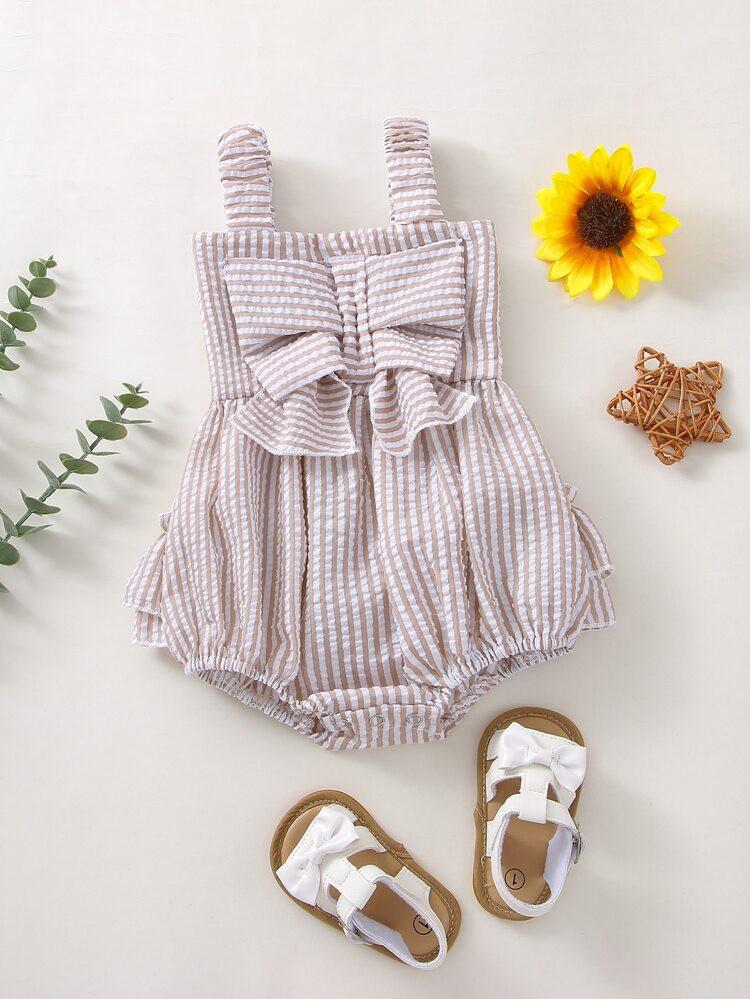Baby Girl Striped Shirred Ruffle Trim Cami Bodysuit | SHEIN