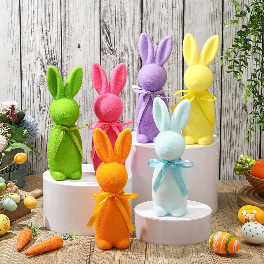 Wesiti 6 Pcs Flocked Bunnies Figurine with Bow tie 8.8" Flocking Rabbit Tabletop Ornament for Eas... | Amazon (US)