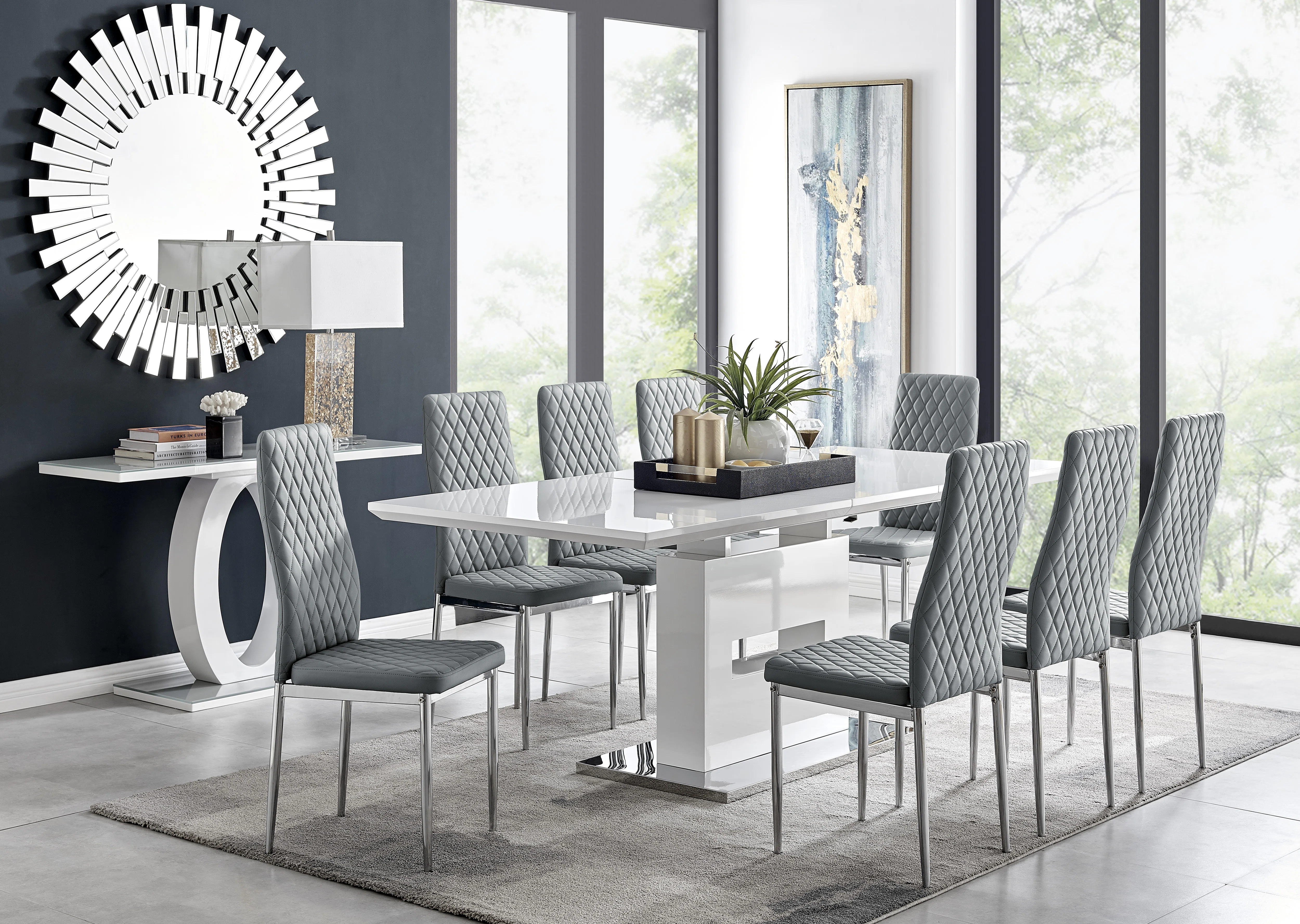 Areza High Gloss Extendable Dining Table Set with 8 Luxury Faux Leather Dining Chairs | Wayfair North America