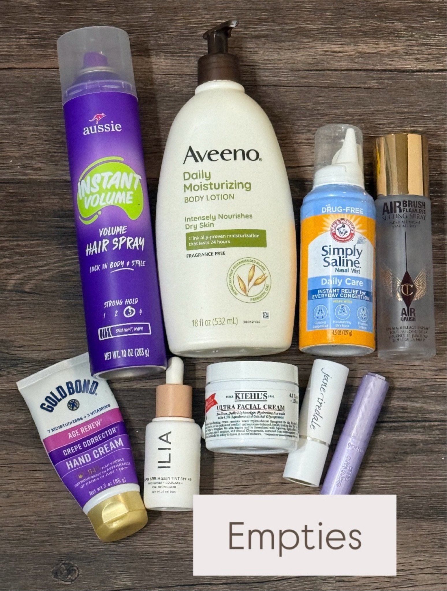 Aussie hairspray, Aveeno lotion, Simply Saline, Charlotte Tilbury setting spray, Gold Bond hand lotion, Ilia foundation, Kiehls lotion, Jane Iredale blush, cream blush, flush blush, Tarte concealer stick, Empties, May Empties, May 2026 Empties, beauty, skincare 

#LTKBeauty #LTKmorningroutine #LTKgrwm