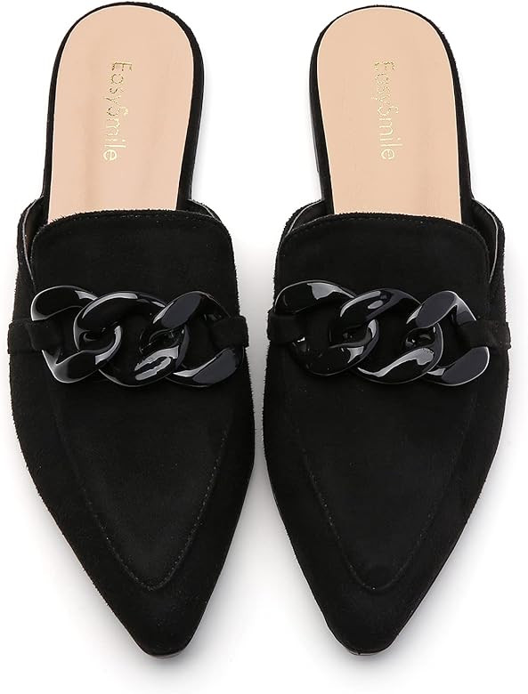 EasySmile Metal Chain Decor Flat Mules for Women Closed Pointed Toe Slip on Loafers Slides Backle... | Amazon (US)
