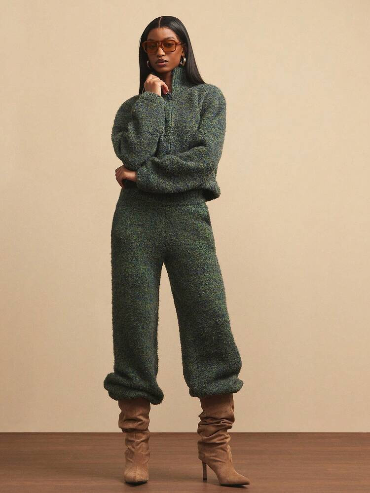 NYA SZN Matching Set (Top & Pant) Top Long Sleeve Zip Up Loose Pant Straight Leg High Rise Tweed Furry Streetwear Casual Blue Festive Holiday Valentines Day Event Party Luxury Elegant Carnival Outfits For Women | SHEIN