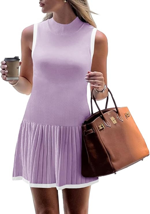 Wenrine Womens Sleeveless Summer Mini Dress Mock Neck Ribbed Knit Ruffle Pleated Casual Tank Dres... | Amazon (US)