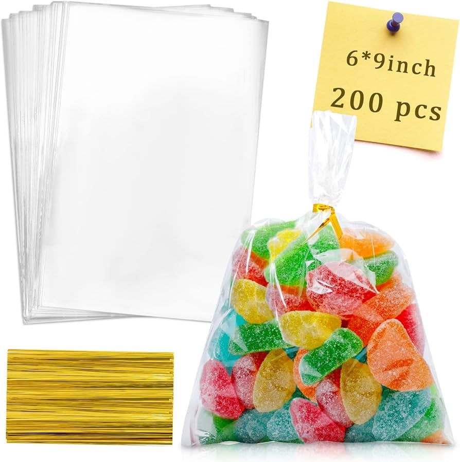 Labeol Cellophane Bags 200Pcs 6X9 Treat Bags with Ties Goodie Bags Clear Plastic Bags for Packagi... | Amazon (US)