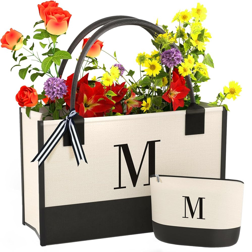 Monogrammed Canvas Tote Bag with Zipper Pockets - Ideal Gift for Mom, Teacher, Sister | Amazon (US)