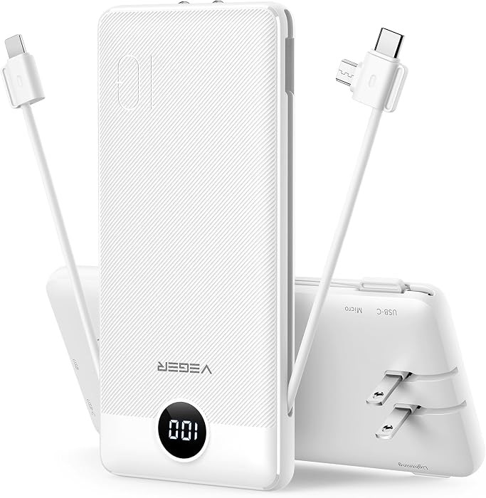 VEGER Portable Charger with Built-in AC Plug and Cables, All in One 10000mAh Ultra Slim Power Ban... | Amazon (US)