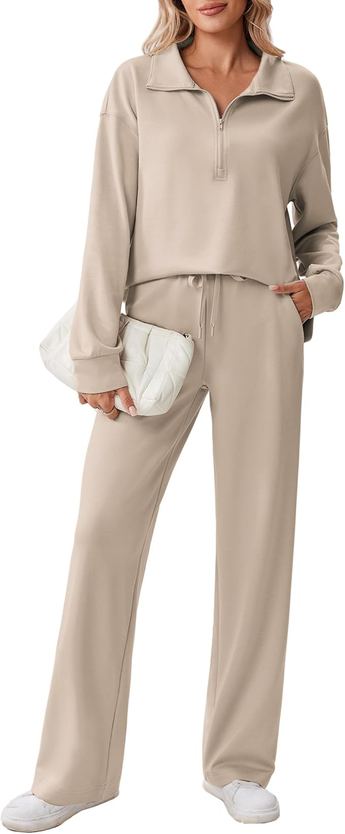 PINSPARK 2 Piece Sets for Women 1/2 Zip Sweatsuit Loose Fit Sweatshirt Straight Leg Pants 2025 Ma... | Amazon (US)