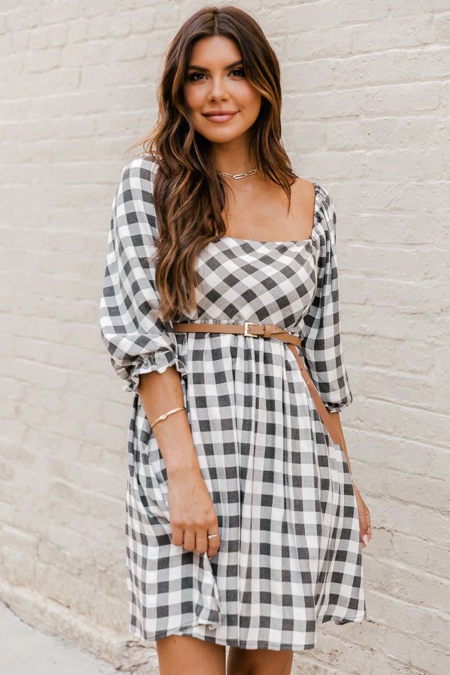 Quiet Saturday Grey Square Neck Gingham Dress | The Pink Lily Boutique
