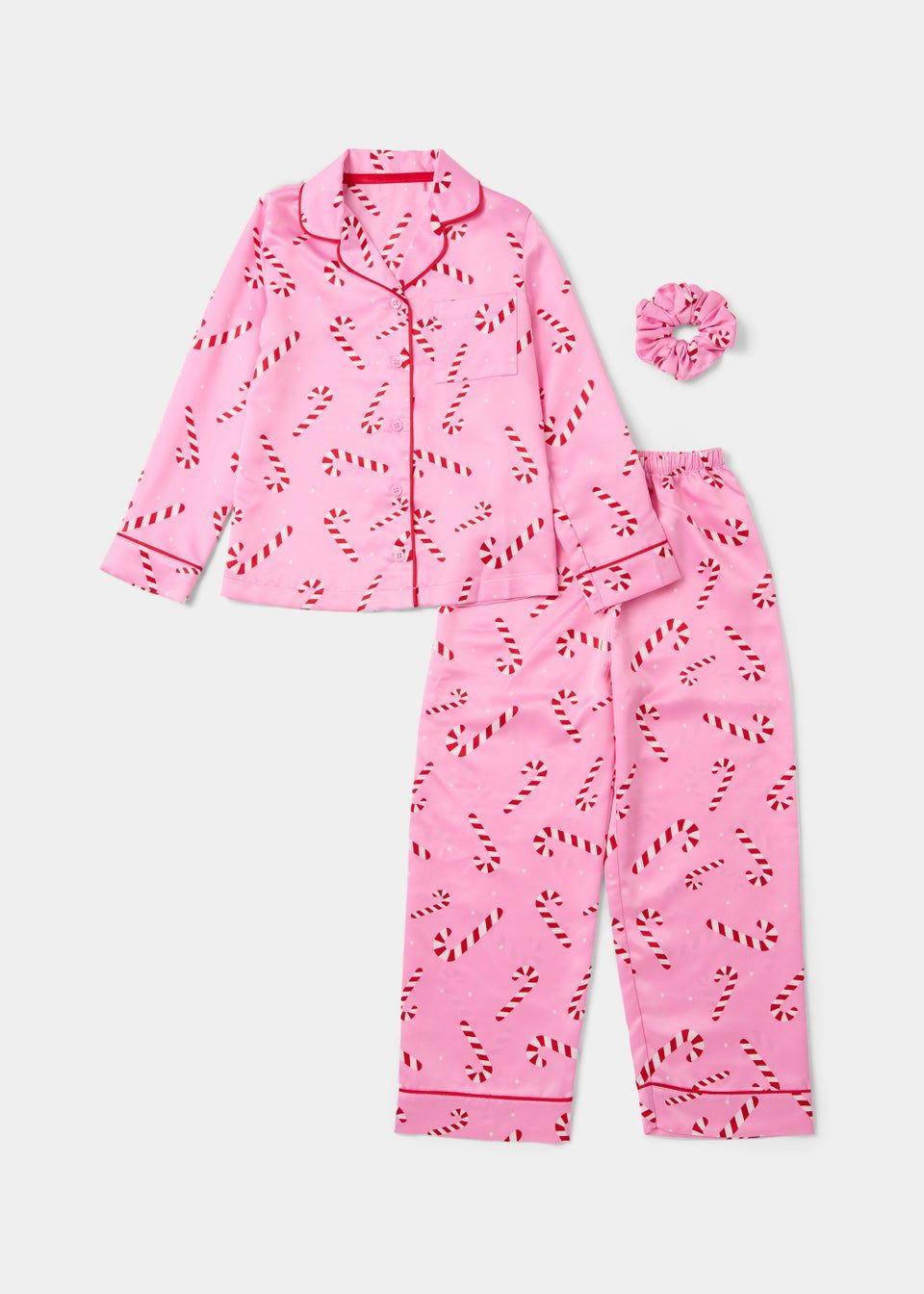 Girls Pink Christmas Candy Cane Satin Pyjama & Scrunchie Set (4-13yrs) | Matalan (UK)