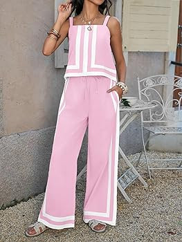 Tankaneo Womens 2 Piece Lounge Set Summer Casual Color Block Cami Top Wide Leg Pants Set Beach Va... | Amazon (US)