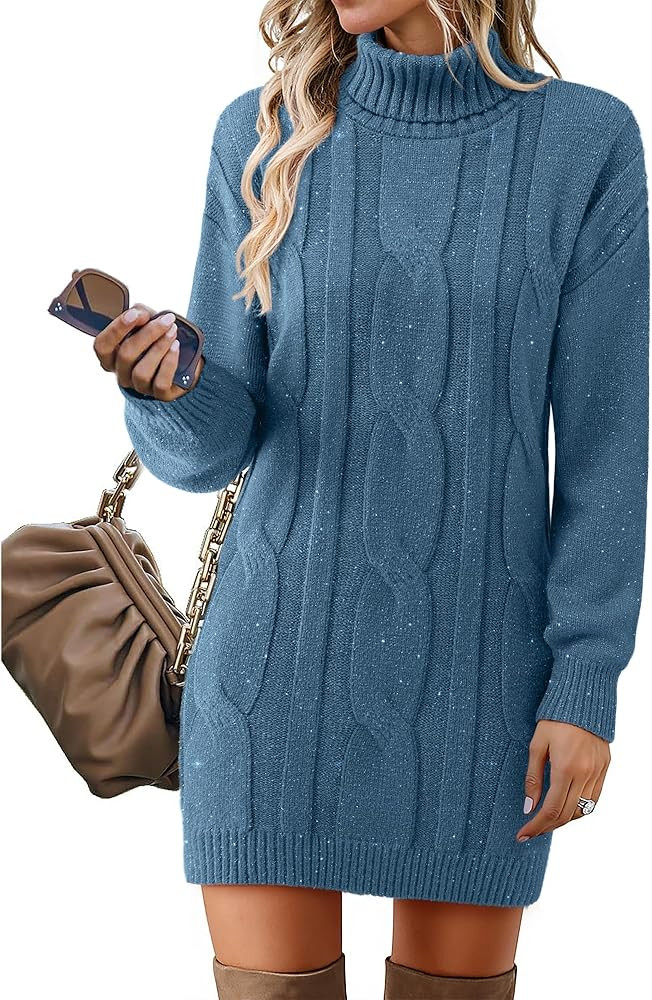 VAFOLY Womens Long Sleeve Turtleneck Sweater Dresses Ribbed Knit Stretchy Midi Casual Dress | Amazon (US)