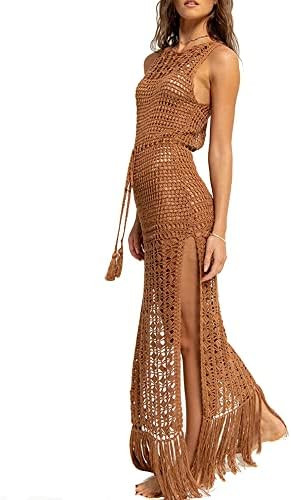 Women Sexy Hollow Out Mesh Tassle Skirts Beach Cover Up Crochet Summer Swimsuit Split Sheer Maxi ... | Amazon (US)