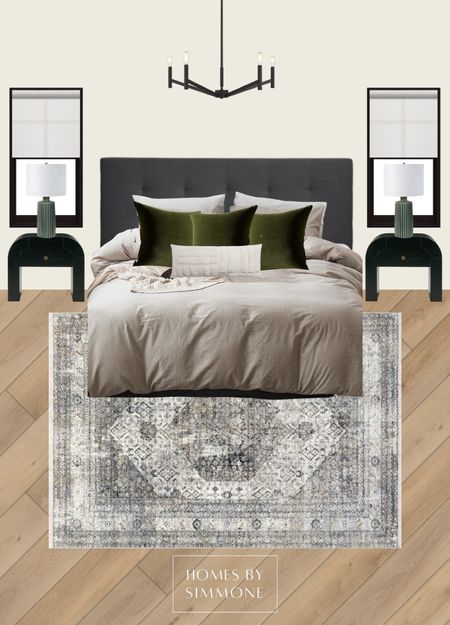 Our primary bedroom is under construction and this is the design in progress! Going for modern and inviting. I love the hints of green from the throw pillows and lamps and the gorgeous vintage pattern and texture from the area rug! 

#LTKhome #LTKstyletip