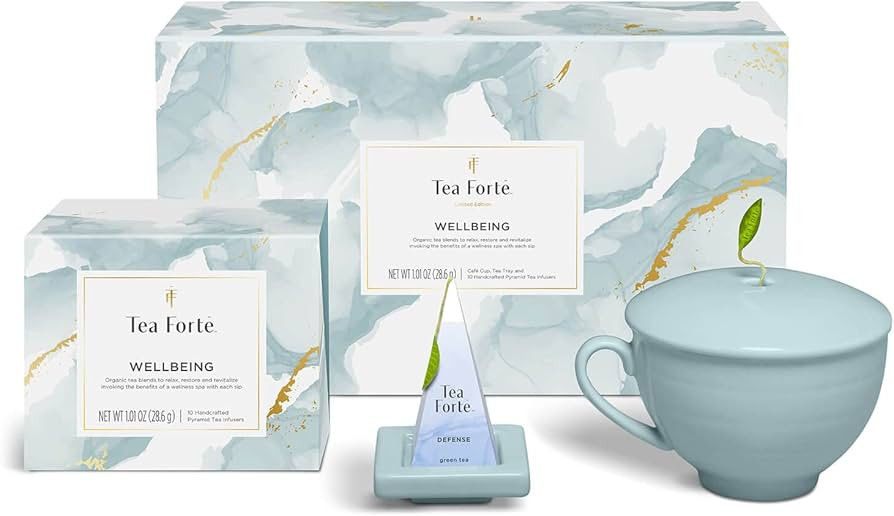 Tea Forte Wellbeing 3-Piece Premium Tea Gift Set with Light Blue Cafe Cup with Lid, Tea Tray and ... | Amazon (US)