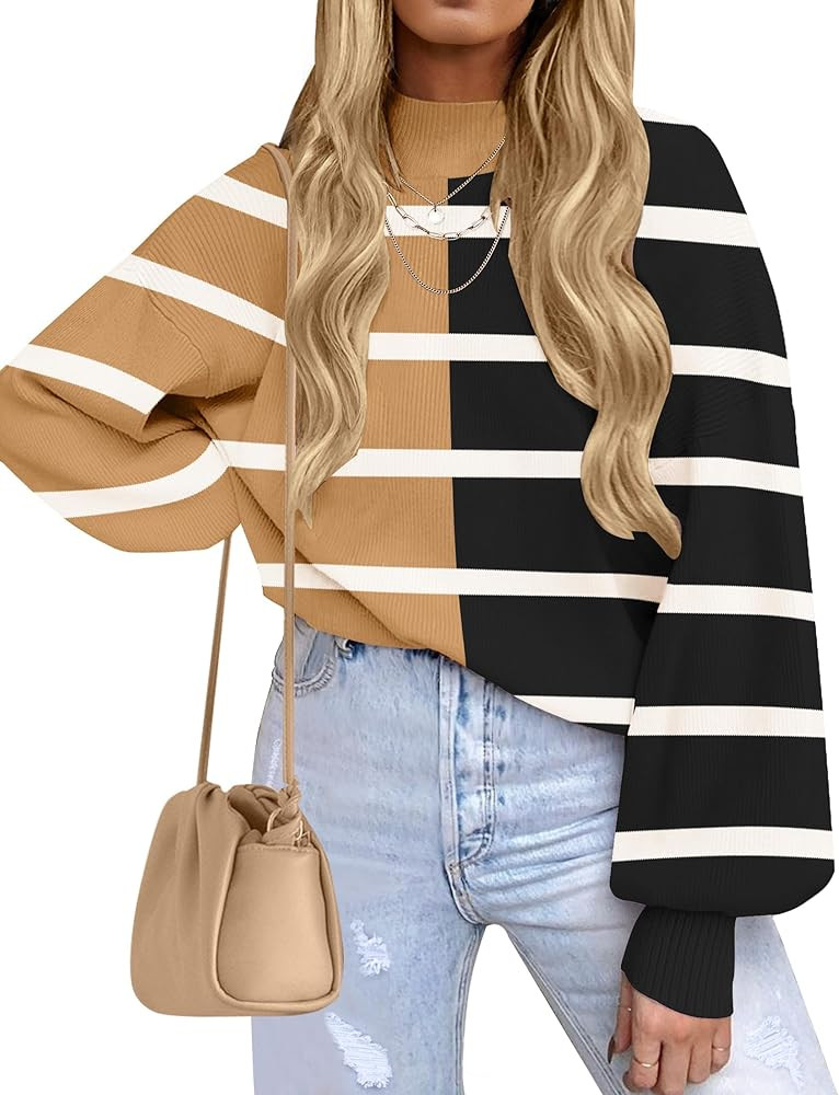 ZESICA Women's 2026 Spring Fashion Turtleneck Long Sleeve Striped Ribbed Knit Loose Pullover Swea... | Amazon (US)