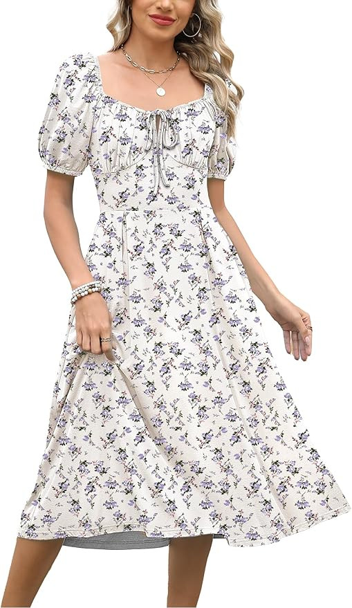 Caracilia Women Summer Boho Midi Dresses Puff Sleeve Square Neck Floral Bridal Shower Wedding Gue... | Amazon (US)
