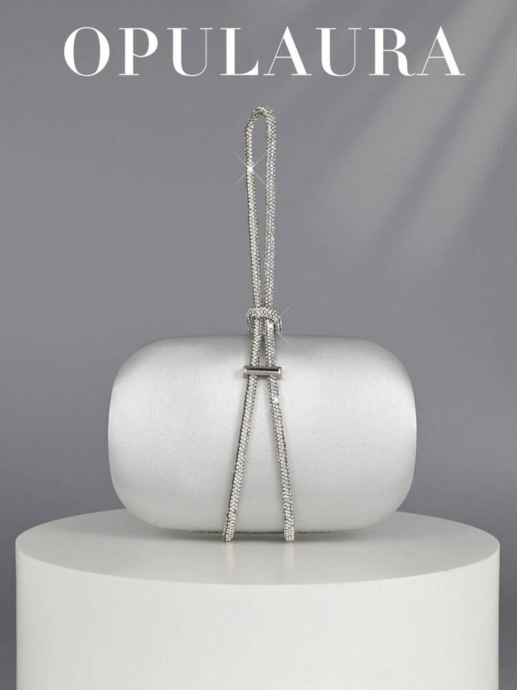 OpulAura Elegant Satin Box Clutch Evening Bag, Luxury Sparkling Crystal Embellished Chain Decor, Refined Black Formal Party Purse, Suitable For Ball, Party, Banquet, Birthday Party, Can Be Used As Birthday Gift, Bridal Clutch | SHEIN