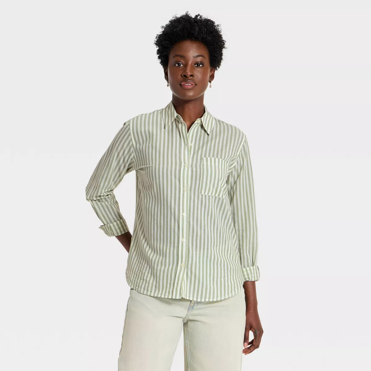 Women's Long Sleeve Relaxed Fit Collared Button-Down Shirt - Universal Thread™ Green Striped S | Target