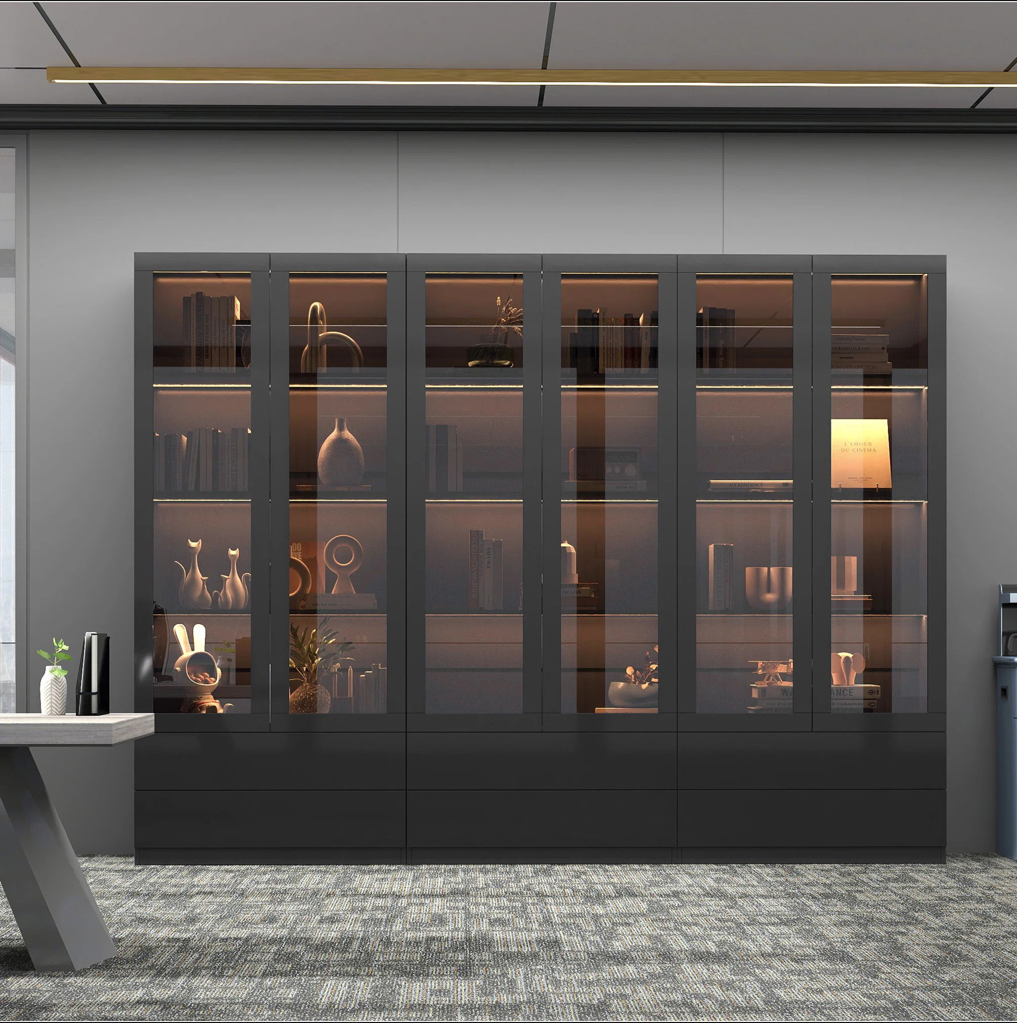 Display Cabinet with Glass Doors, Curio Storage Cabinet with 2-Drawer, Bookcase with LED Lights | Wayfair North America