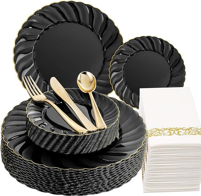 YOUBET 150PCS Black and Gold Plastic Plates - Black Plastic Plates with Gold Rim Include 25 Dinne... | Amazon (US)
