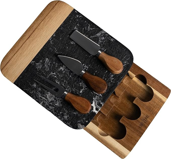 Marble Cheese Board - Acacia Wood Tray With 3-Knife Set - Charcuterie Board for 2-6 People - Grea... | Amazon (US)