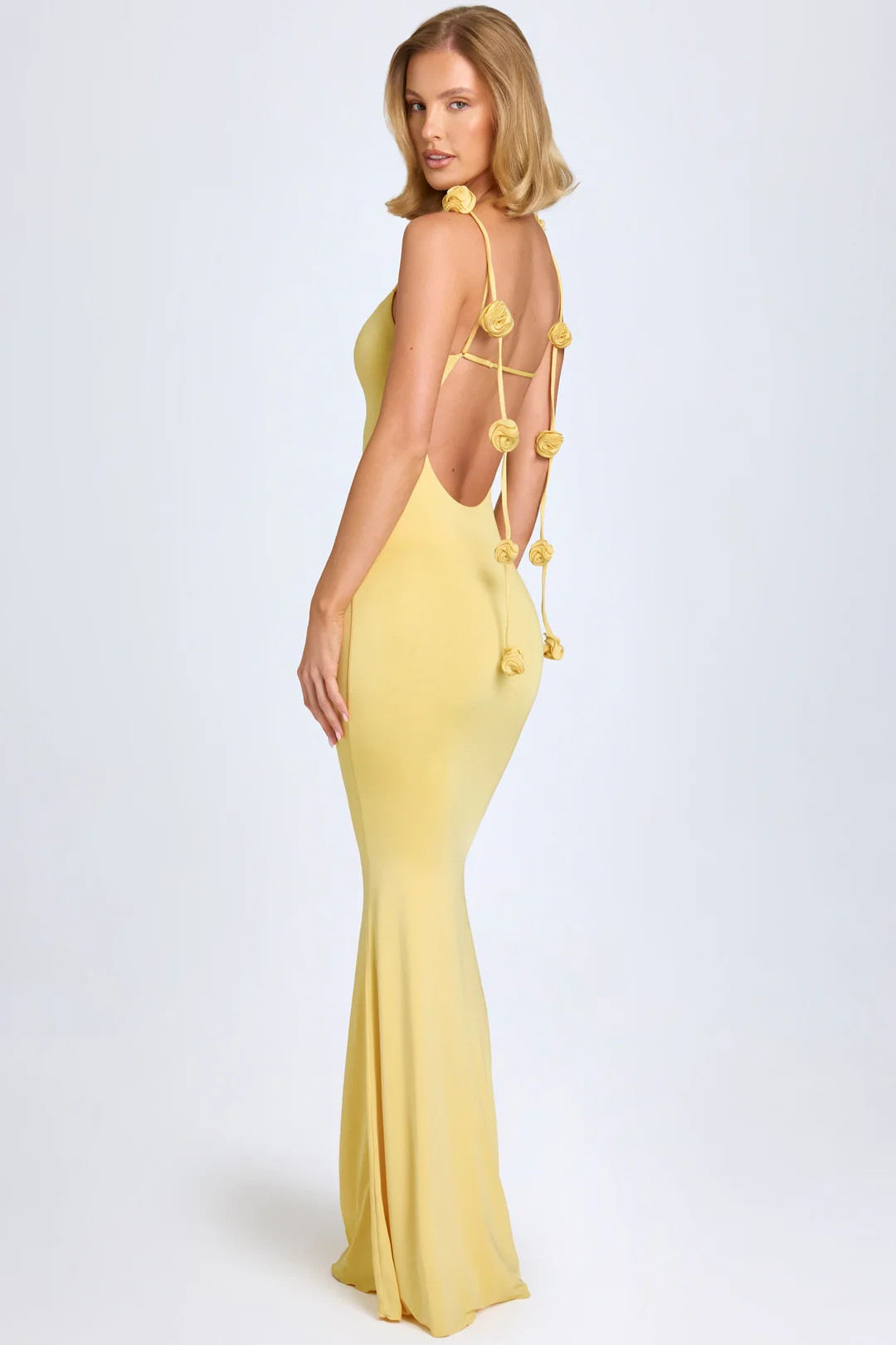 Slinky Jersey Floral-Appliqu\u00e9 Gown in Pastel Yellow | Oh Polly