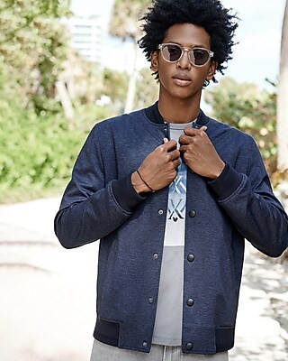 Textured Navy Luxe Comfort Soft Bomber Jacket | Express