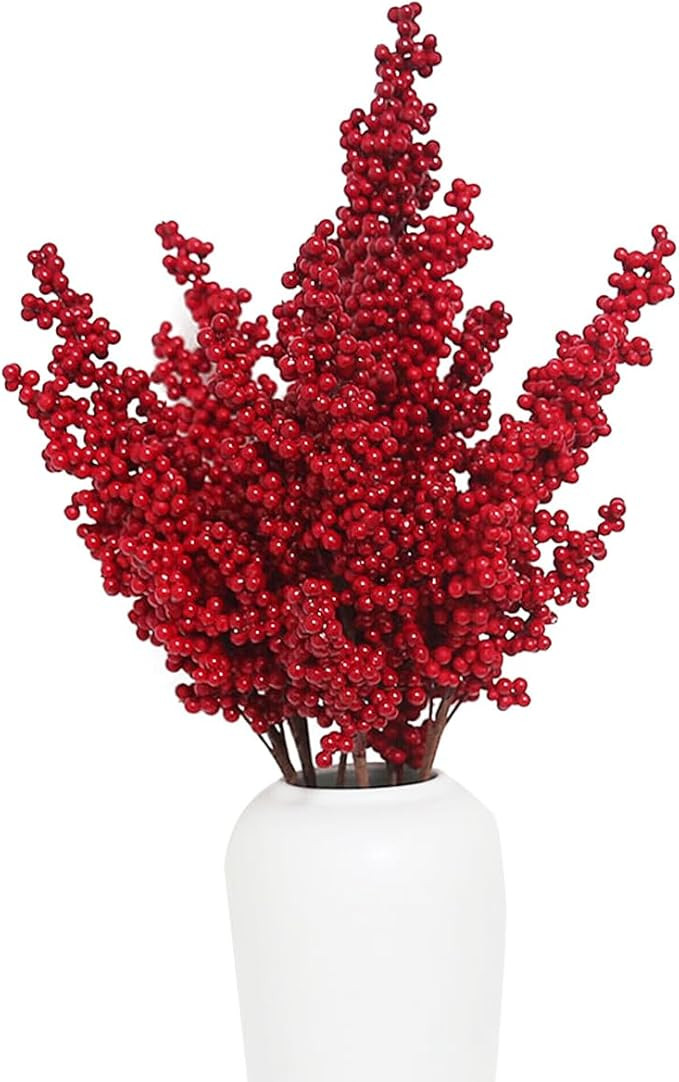 Artificial Red Berry Stems 6 Pack, 25.6 Inch Christmas Red Berries Holly Berry Branches, Long Chr... | Amazon (US)