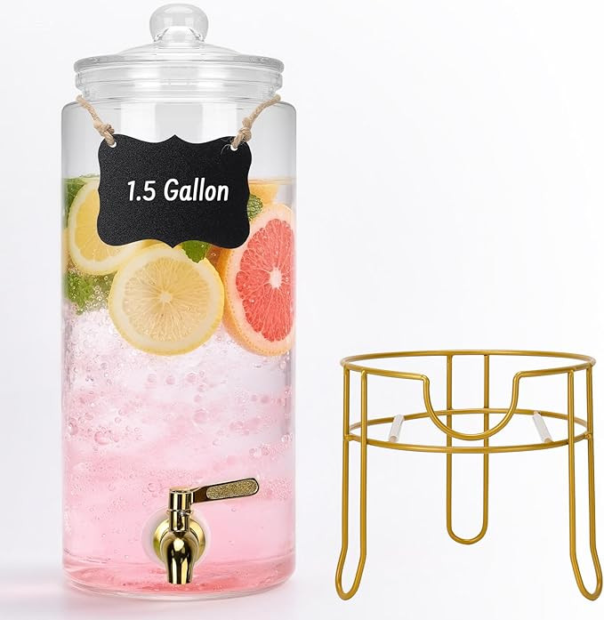 Glass Drink Dispensers For Parties, 1.5 Gallon Beverage Dispenser With Glass Airtight Lids, Gold ... | Amazon (US)