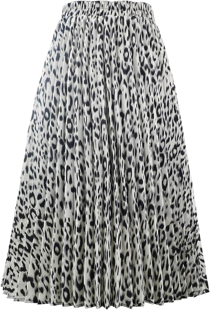 Womens Chic Elastic High Waisted A Line Leopard Print Pleated Shirring Midi-Long Skirt | Amazon (US)