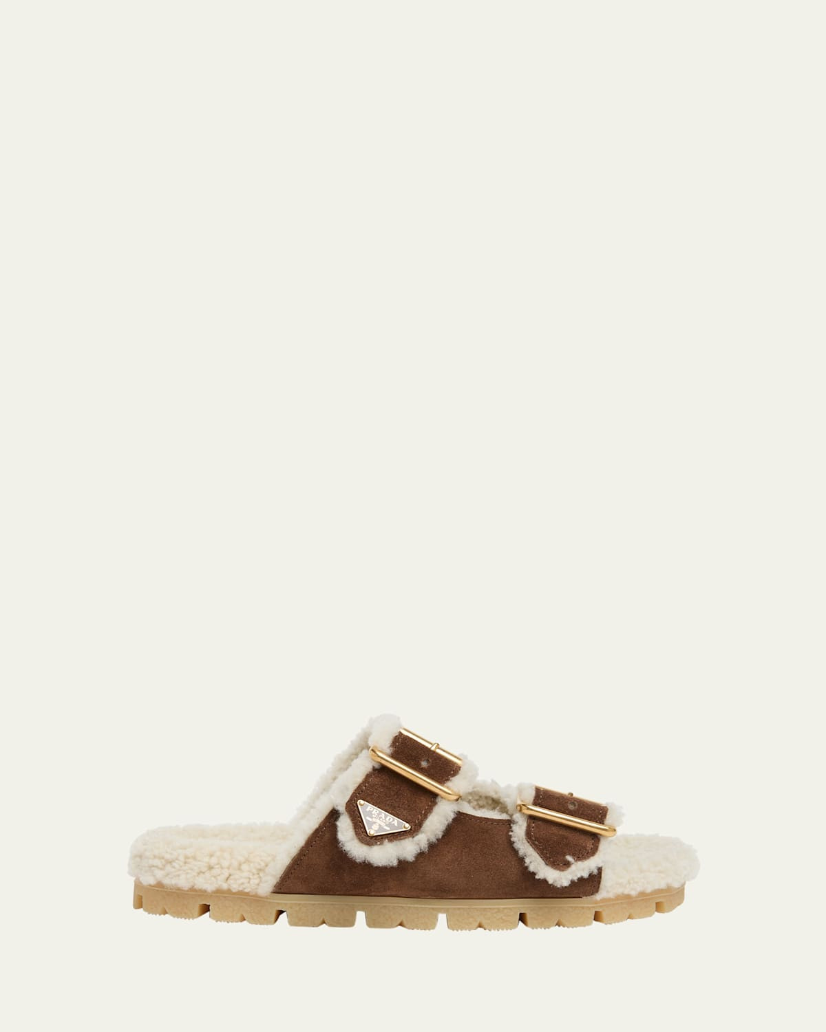 Suede Shearling Lined Dual-Buckle Slide Sandals | Bergdorf Goodman