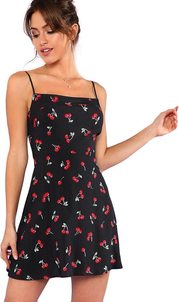 Floerns Women's Summer Floral Cherry Print A Line Short Cami Dress | Amazon (US)