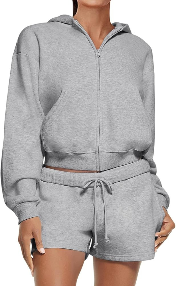 REORIA Women 2 Piece Outfits Sweat Shorts Sets 2024 Fall Fleece Zip Up Hoodie Lounge Matching Set... | Amazon (US)