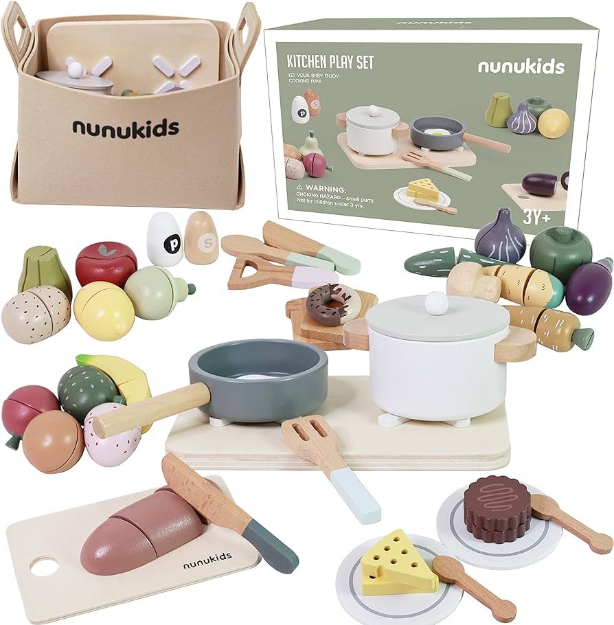 nunukids Wooden Play Food Sets for Kids Kitchen 42 pc Wooden Toys with Storage Basket Wood Preten... | Amazon (US)