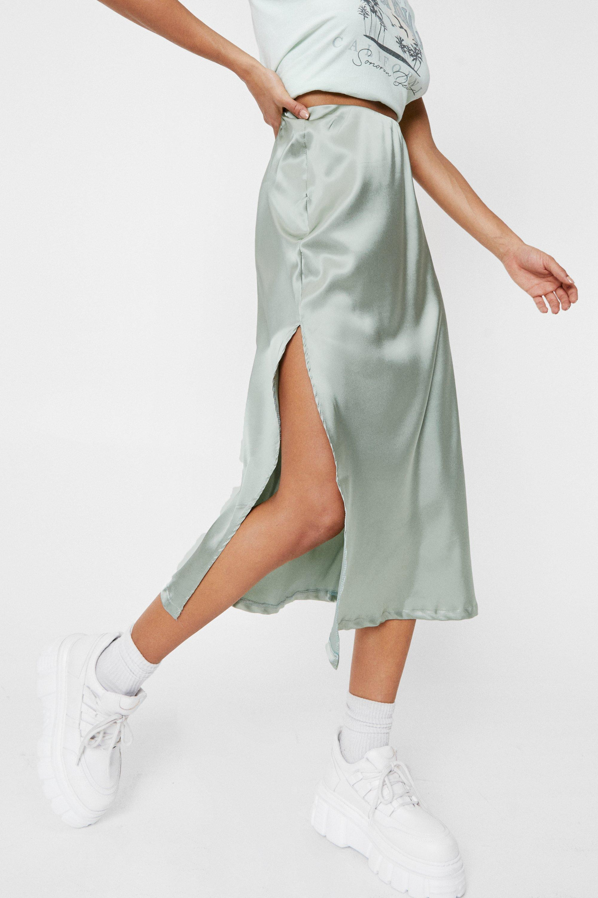 High Waisted Satin Side Split Midi Skirt | Nasty Gal (US)