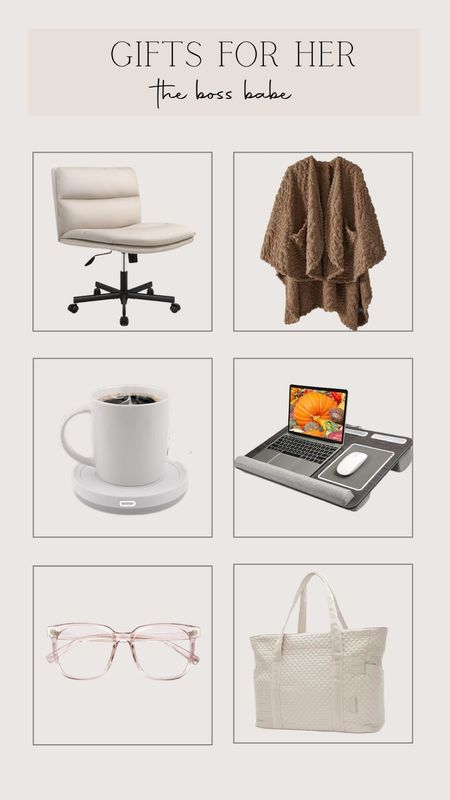 Gift ideas for the work from home girl/boss babe. Desk accessories, work from home essentials, wearable blanket, coffee warmer, lap desk, cloud office chair, tote bag, blue light glasses 

#LTKHoliday #LTKGiftGuide #LTKCyberWeek