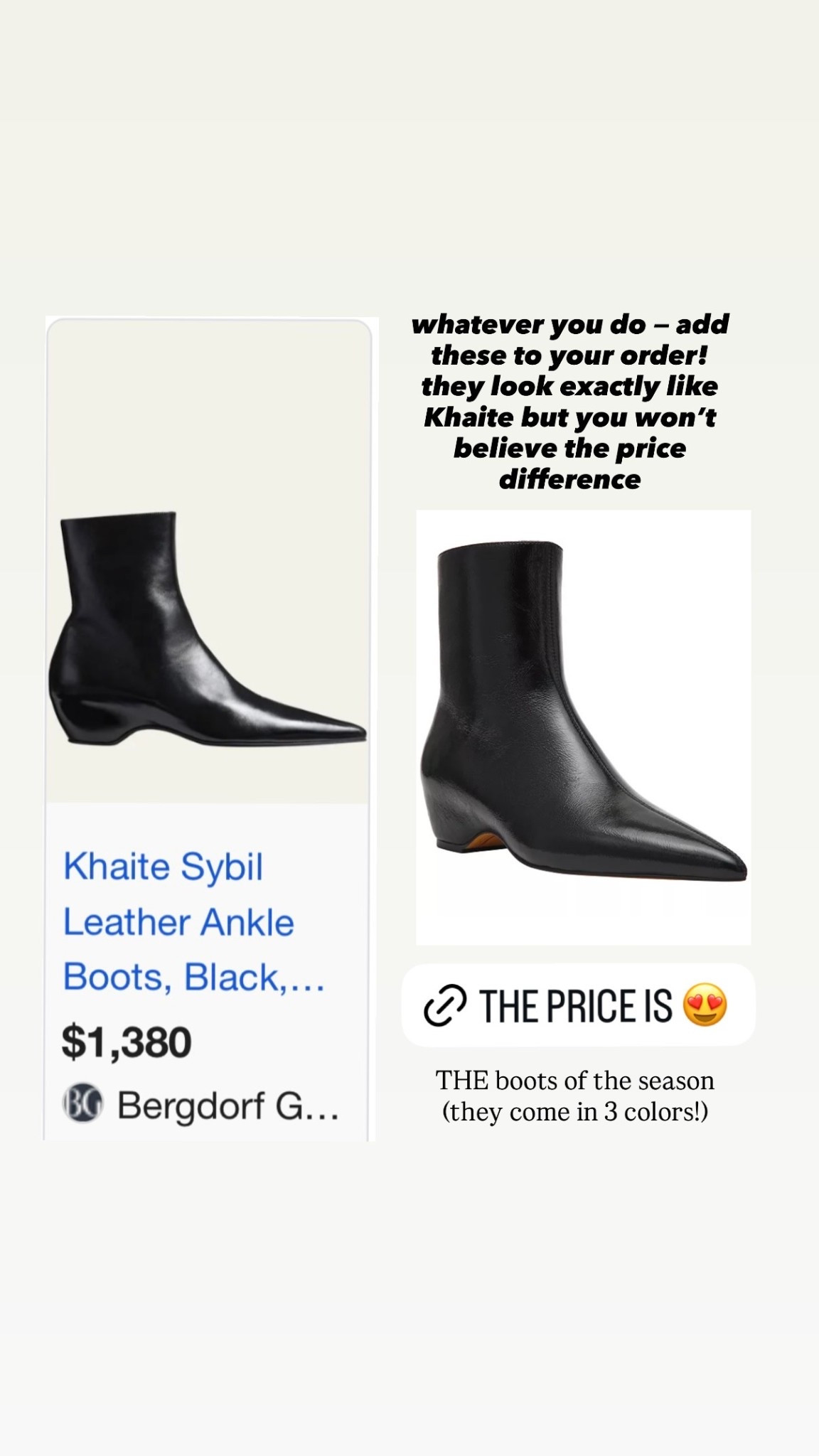 THE boots of the season
(they come in 3 colors!) whatever you do — add these to your order! they look exactly like Khaite but you won’t believe the price difference