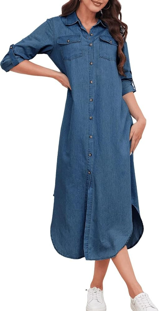 Women's Long Sleeve Denim Midi Shirt Dress | Amazon (US)