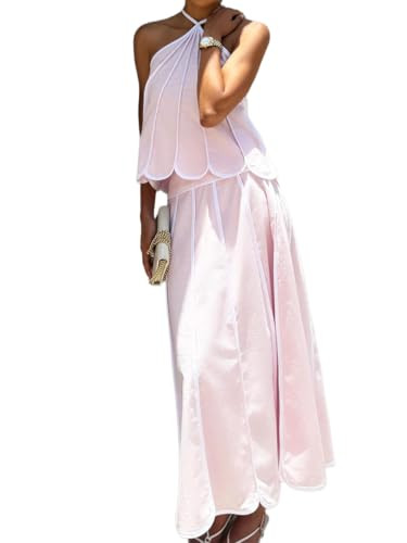 Amazon.com: THLAI Women Sleeveless 2 Piece Outfits Halter Neck Scallop Edge Top & Maxi Skirt Set ... | Amazon (US)