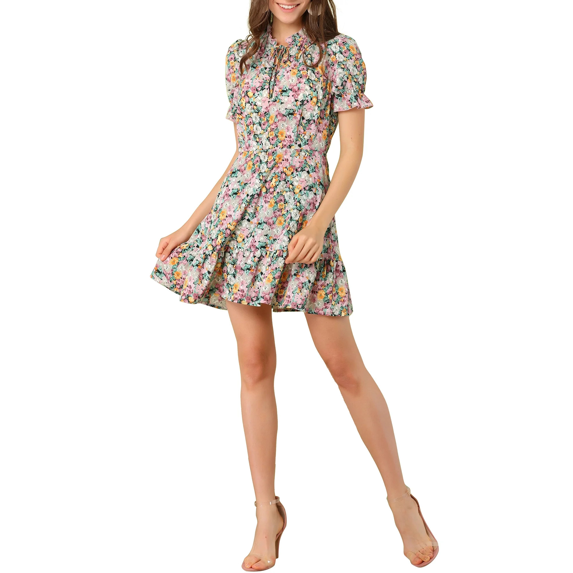 Unique Bargains Junior's Ruffle Floral Short Puff Sleeve Tie Neck Mini Dress | Walmart (US)