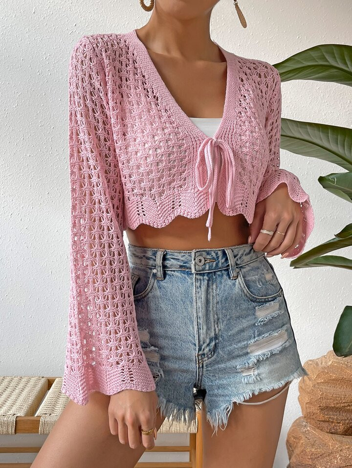 SHEIN VCAY Tie Front Scallop Trim Trumpet Sleeve Crop Cardigan | SHEIN