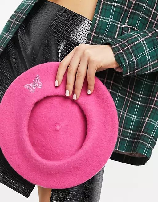 ASOS DESIGN wool beret with butterfly embroidery in pink | ASOS (Global)