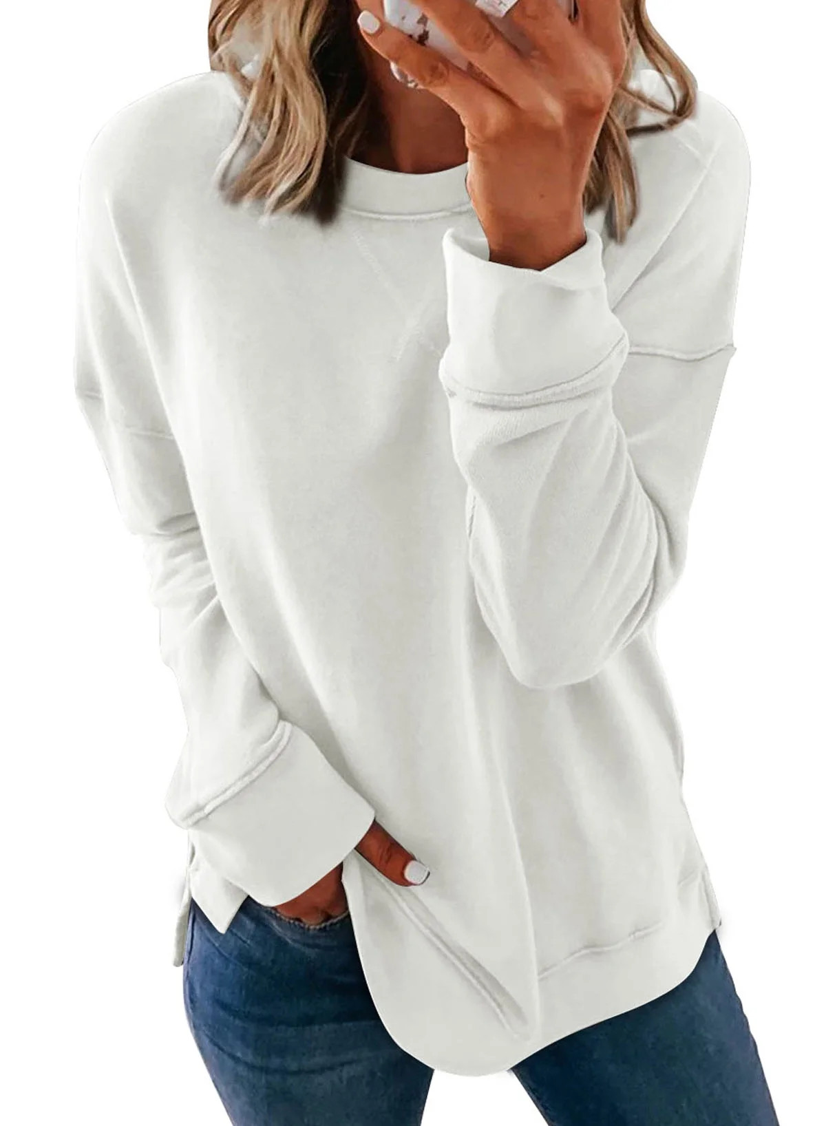 Dokotoo Sweatshirt for Women Round Neck Long Sleeve Sweatshirts Relaxed Fit Solid Color Jumper To... | Walmart (US)