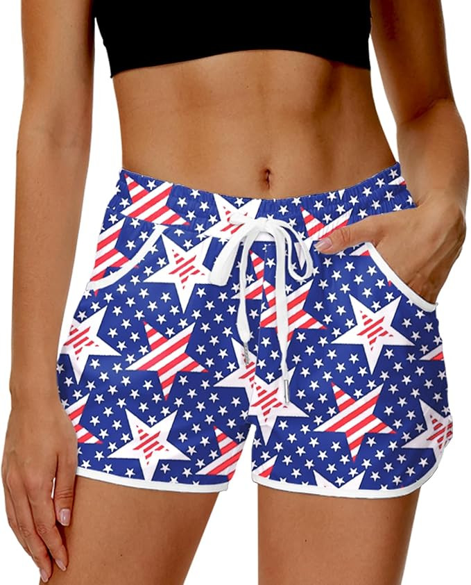 Deerose Women 4th of July Board Shorts Hawaiian Tropical Print Beach Swim Shorts with Pockets | Amazon (US)